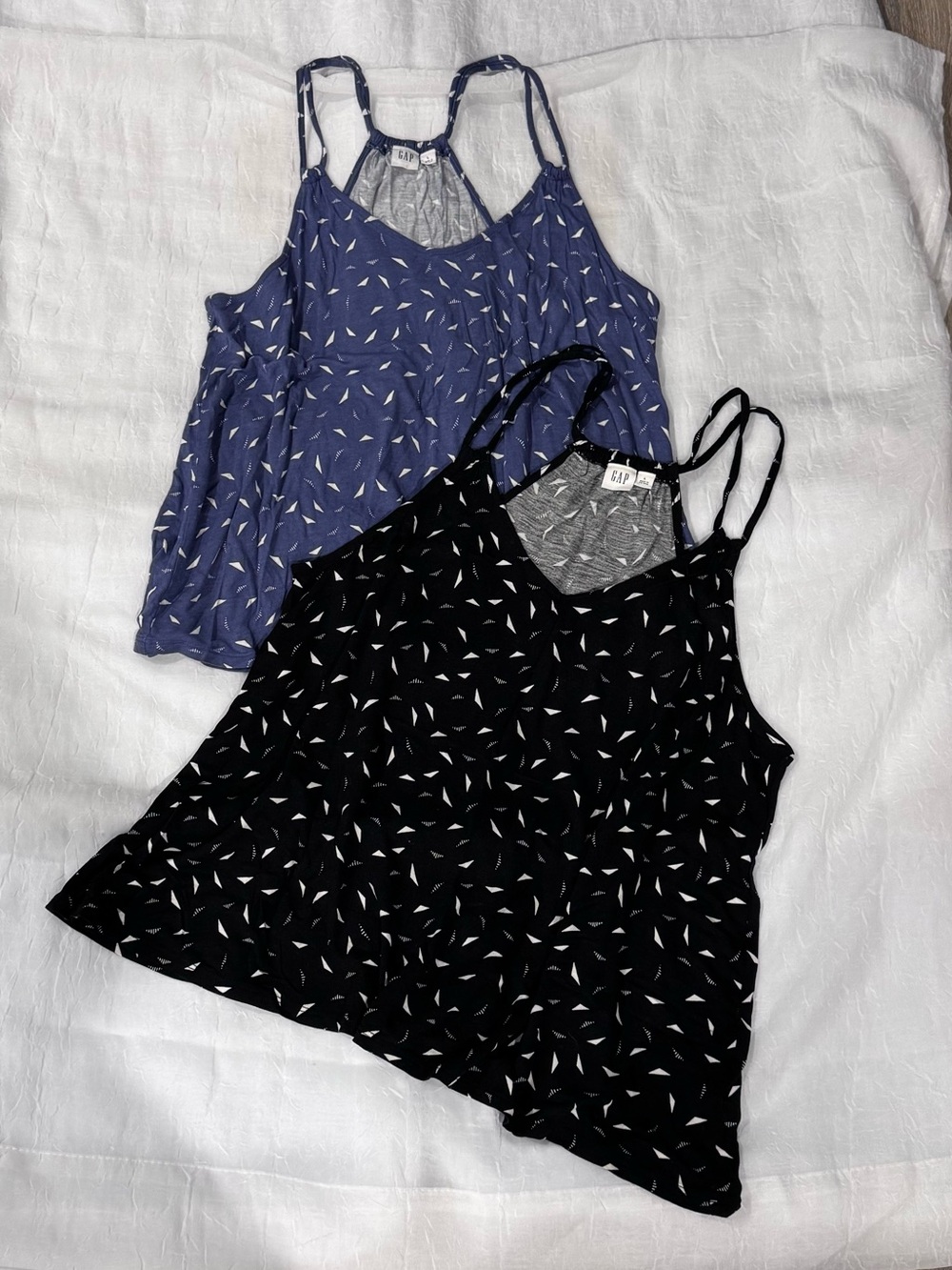 Lot of 2 GAP Printed Spaghetti Strap Tank Tops Lg Blue Black triangle AOP flowy